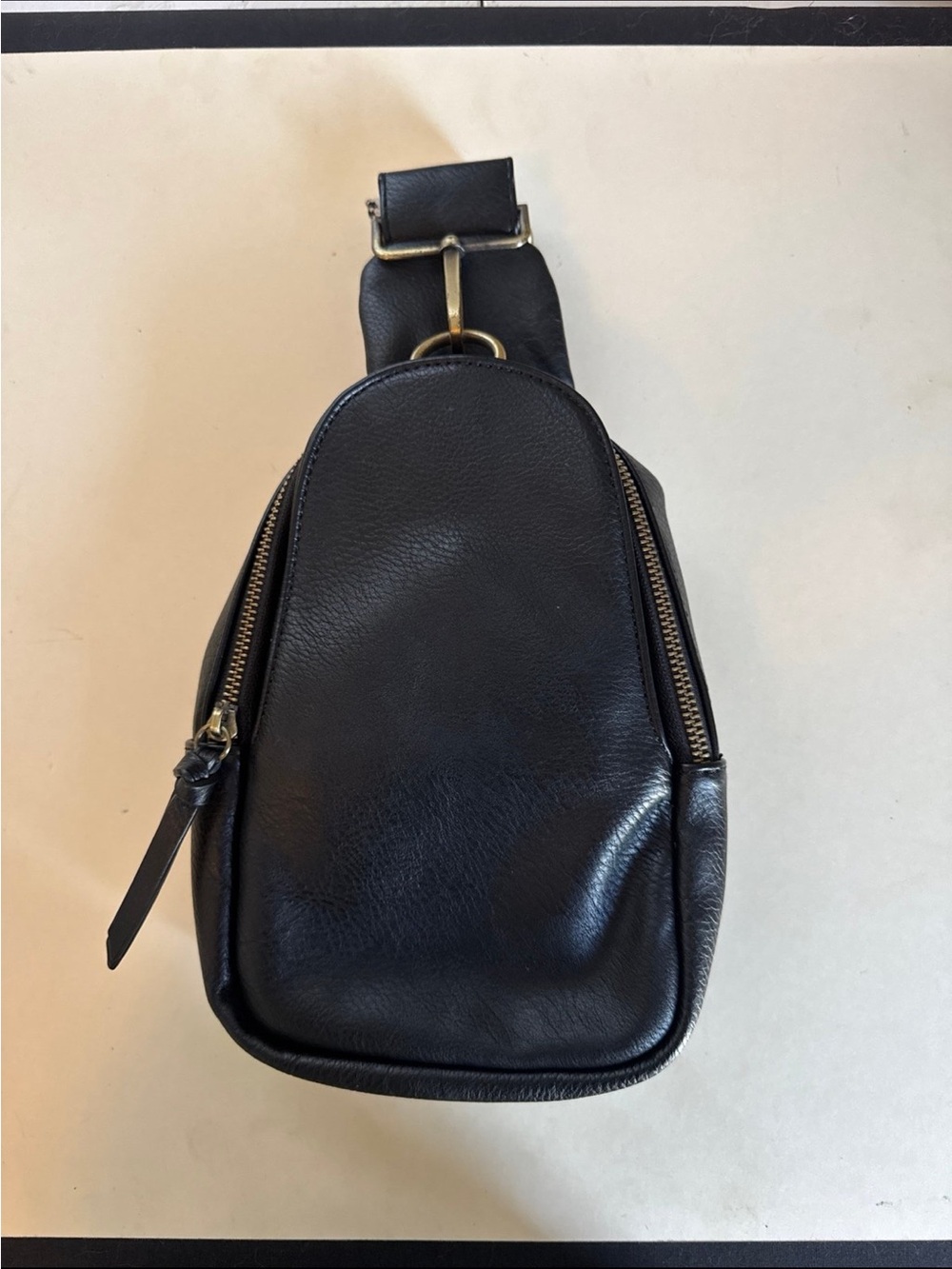 Anthropologie Black Leather Crossbody Sling Bag with Brass Hardware
